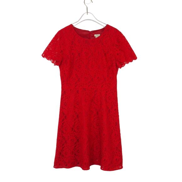 J. Crew Red Lace Short Sleeve Crew Neck A-Line Mini Dress Size 2 Small - Picture 2 of 5